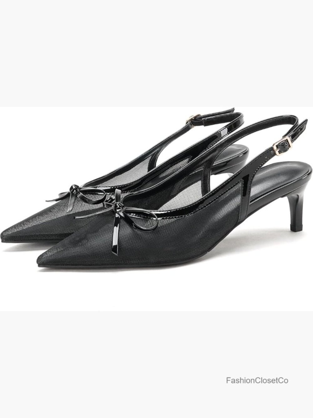 Slingback Kitten Heels Pointed Toe Mesh Pumps Bow Knot Low Heel Dress Shoes